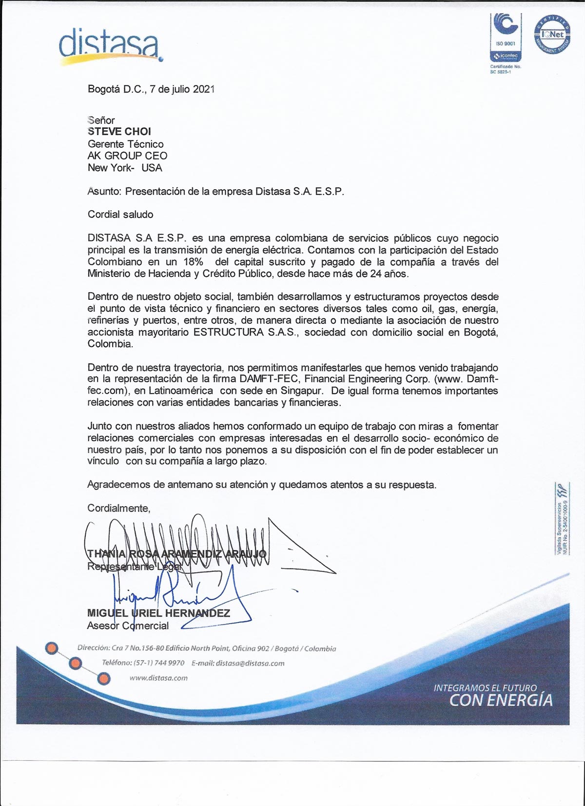 MOU Letter from The distasa Electricity supplier from Columbia
